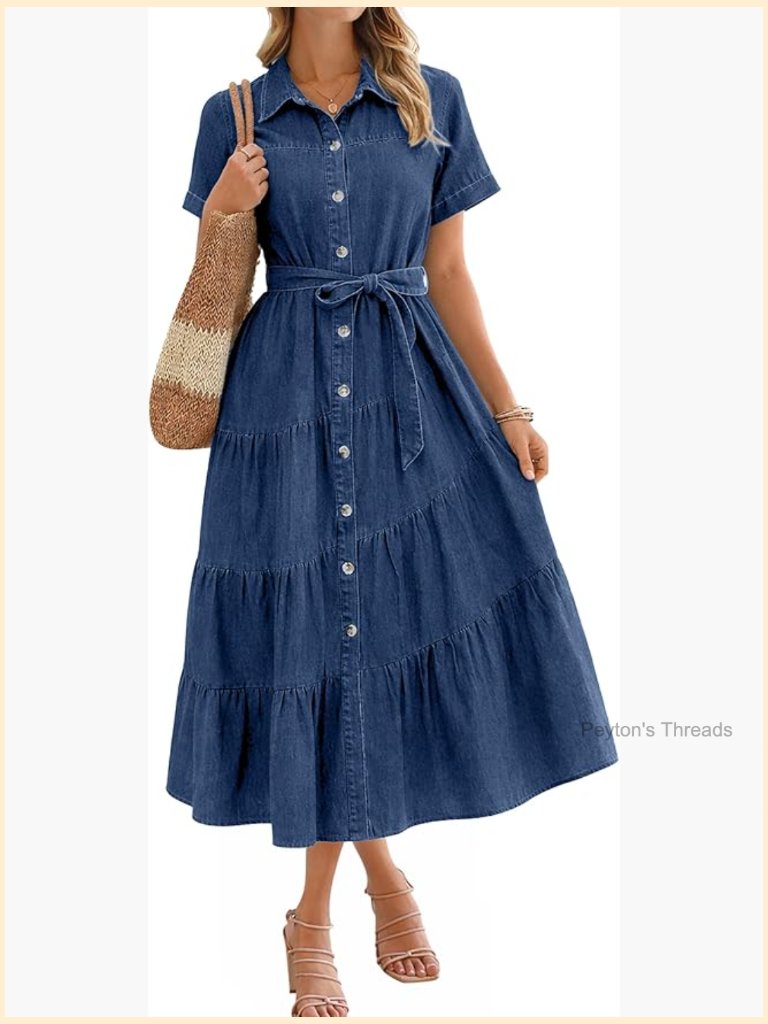 Denim Shirt Dress With Pockets Casual Midi A-Line Button Down Belted Short